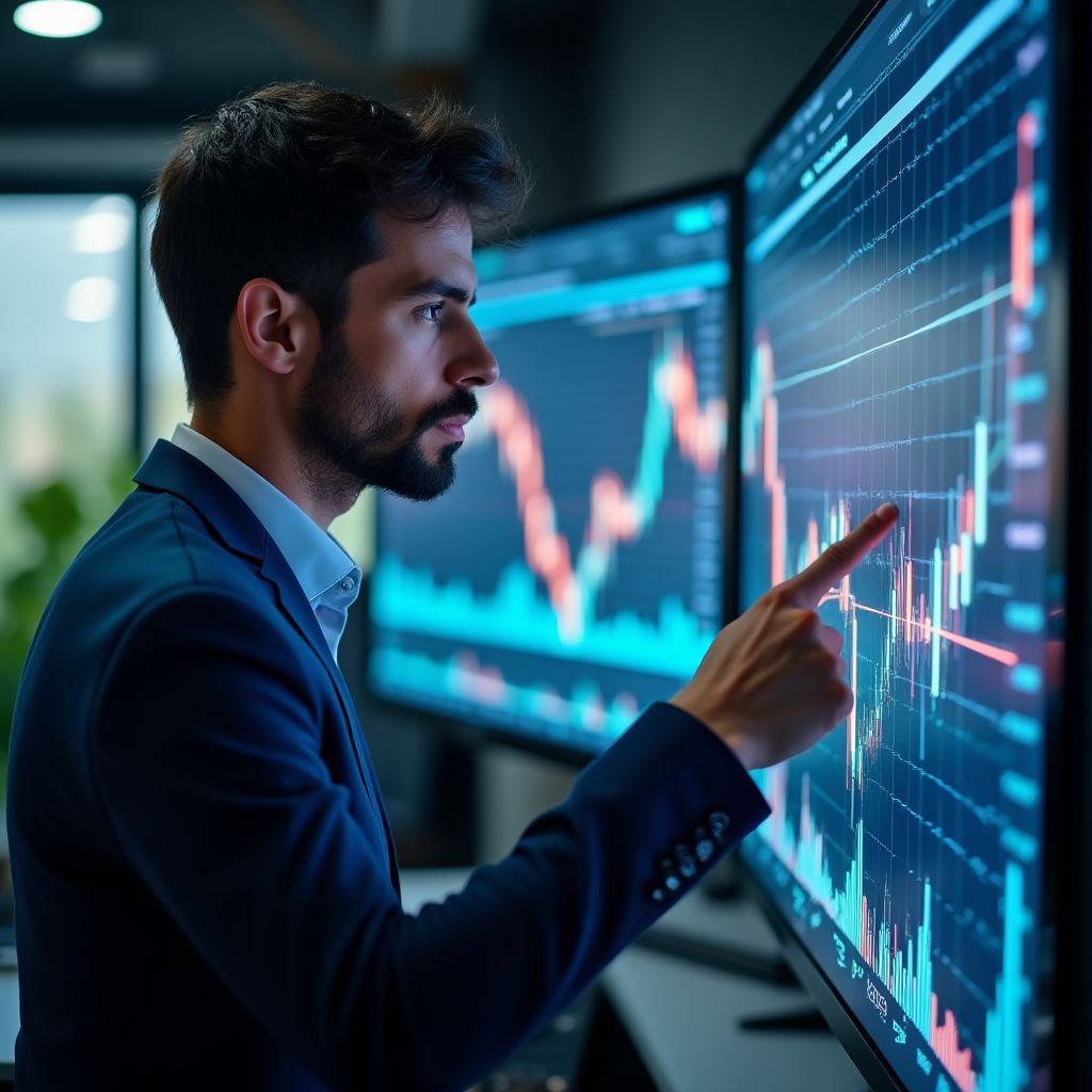 Analista financiero revisando gráficos de mercado en una pantalla digital